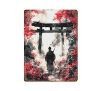 ACIFHGUE Samurai di fronte al cancello Torii Decorazione da parete Art Metal Tin Poster Modern Bar Decorations40x30cm