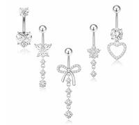 ACKKOR, 5 pz, Barre per ombelico, argento pendenti, Cuore Fiocco, Gioielli per piercing all'ombelico, per donna