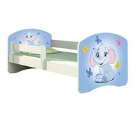 ACMA II Letto per bambino Cameretta per bambino con materasso Rete a doghe, Bianco (26 L'elefantino colorato, 140x70)