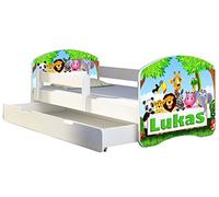 ACMA II Letto per bambino Cameretta per bambino con materasso Rete a doghe Cassetto, Bianco (01 Il nome Zoo, 140x70 + Cassetto)