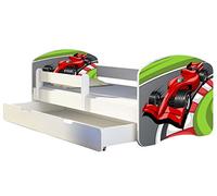ACMA II Letto per bambino Cameretta per bambino con materasso Rete a doghe Cassetto, Bianco (06 Formula 1, 140x70 + Cassetto)