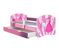 ACMA Letto per bambini 70x140 cm con cassetto, materasso e rete a doghe - letto junior con barriera di sicurezza, motivo 08 La principessa con il pony - Rosa, letto per bambina, portata fino a 120 kg