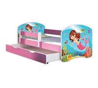ACMA Letto per bambini 70x140 cm con cassetto, materasso e rete a doghe - letto junior con barriera di sicurezza, motivo personalizzato 09 La sirena - Rosa, letto per bambina, portata fino a 120 kg