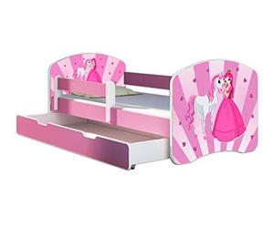 ACMA Letto per bambini 70x140 cm con cassetto, materasso e rete a doghe - letto junior con barriera di sicurezza, motivo 08 La principessa con il pony - Rosa, letto per bambina, portata fino a 120 kg
