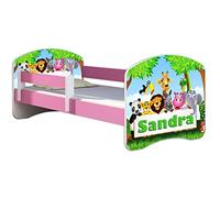 ACMA Letto per bambini 70x140 cm con materasso e rete a doghe - letto junior con barriera di sicurezza, motivo personalizzato 01 Il nome Zoo - Rosa, letto per bambina, portata fino a 120 kg
