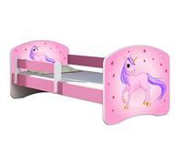 ACMA Letto per bambini 70x140 cm con materasso e rete a doghe - letto junior con barriera di sicurezza, motivo 17 Il pony con lo sfondo rosa - Rosa, letto per bambina, portata fino a 120 kg