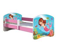 ACMA Letto per bambini 70x140 cm con materasso e rete a doghe - letto junior con barriera di sicurezza, motivo personalizzato 09 La sirena - Rosa, letto per bambina, portata fino a 120 kg