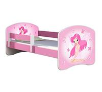 ACMA Letto per bambini 70x140 cm con materasso e rete a doghe - letto junior con barriera di sicurezza, motivo personalizzato 07 La fata rosa - Rosa, letto per bambina, portata fino a 120 kg