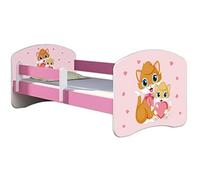 ACMA Letto per bambini 70x140 cm con materasso e rete a doghe - letto junior con barriera di sicurezza, motivo personalizzato 33 Gatti - Rosa, letto per bambina, portata fino a 120 kg