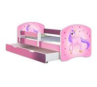 ACMA Letto per bambini 80x160 cm con cassetto, materasso e rete a doghe - letto junior con barriera di sicurezza, motivo 17 Il pony con lo sfondo rosa - Rosa, letto per bambina, portata fino a 120 kg