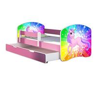 ACMA Letto per bambini 80x160 cm con cassetto, materasso e rete a doghe - letto junior con barriera di sicurezza, motivo 18 Il pony arcobaleno - Rosa, letto per bambina, portata fino a 120 kg