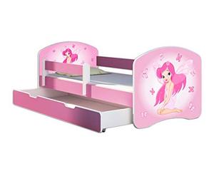 ACMA Letto per bambini 80x160 cm con cassetto, materasso e rete a doghe - letto junior con barriera di sicurezza, motivo personalizzato 07 La fata rosa - Rosa, letto per bambina, portata fino a 120 kg
