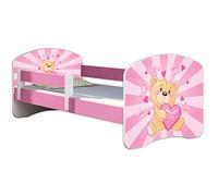ACMA Letto per bambini 80x160 cm con materasso e rete a doghe - letto junior con barriera di sicurezza, motivo 10 L'orsacchiotto con il cuoricino - Rosa, letto per bambina, portata fino a 120 kg