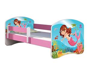 ACMA Letto per bambini 80x160 cm con materasso e rete a doghe - letto junior con barriera di sicurezza, motivo personalizzato 09 La sirena - Rosa, letto per bambina, portata fino a 120 kg