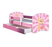 ACMA Letto per bambini 80x160 con cassetto, materasso e rete a doghe - letto junior con barriera di sicurezza, motivo 10 L'orsacchiotto con il cuoricino - Rosa, letto per bambina, portata fino a 120kg