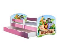 ACMA Letto per bambini 80x180 cm con cassetto, materasso e rete a doghe - letto junior con barriera di sicurezza, motivo 02 Il nome Animaletti - Rosa, letto per bambina, portata fino a 120 kg