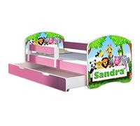 ACMA Letto per bambini 80x180 cm con cassetto, materasso e rete a doghe - letto junior con barriera di sicurezza, motivo personalizzato 01 Il nome Zoo - Rosa, letto per bambina, portata fino a 120 kg