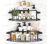 ACMETOP Porta Sapone Angolare Senza Forare (2 Pezzi) - Scaffale Bagno in Acciaio Inox 304 - Con 10 Ganci e 4 Adesivi - Per Doccia, Bagno o Cucina (Nero)