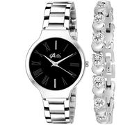 Acnos® Marchio premium - un orologio analogico da donna con quadrante nero in acciaio inossidabile con cinturino in argento con cuore diamantato e cinturino in argento nero, Nero , Free, Bracciale