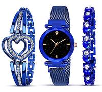 Acnos® Orologio analogico di alta qualità, con quadrante nero e magnete, con braccialetto regalo per donne o ragazze, per ragazze o donne (combinazione di 3), marrone chiaro::blu