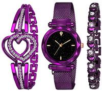 Acnos® Orologio analogico di alta qualità, con quadrante nero e magnete, con braccialetto regalo per donne o ragazze, per ragazze o donne (combinazione di 3), viola, casual