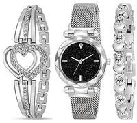 Acnos® Orologio analogico di alta qualità, con quadrante nero e magnete, con braccialetto regalo per donne o ragazze, per ragazze o donne (combinazione di 3), argento