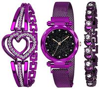 Acnos® Orologio analogico di alta qualità, con quadrante nero e magnete, con braccialetto regalo per donne o ragazze, per ragazze o donne (combinazione di 3), Diamante-Viola, Cinturino