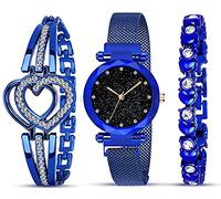 Acnos® Orologio analogico di alta qualità, con quadrante nero e magnete, con braccialetto regalo per donne o ragazze, per ragazze o donne (combinazione di 3), Diamante-Blu, Cinturino