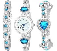Acnos Orologio analogico per ragazze, con quadrante a forma di cuore, blu, azzurro, argento, rosa chiaro, con due braccialetti combinati, Argento-Blu cielo