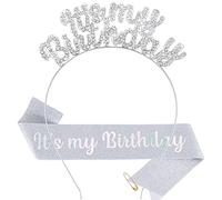 ACO-UINT Corona di compleanno per ragazze, graziosa fascia di compleanno e diadema di compleanno per donna, set dolce fascia di compleanno, regalo di compleanno per donne (argento)