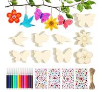 ACOMTUO 62 Pezzi Kit di Bricolage in Legno per Bambini, Kit Lavoretti Creativi per Bambini, con Matite Acquerello & Adesivi con Pietre Preziose, Bricolage in Legno per DIY, Decorazione Pittura