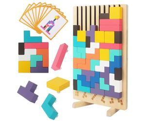 ACOMTUO Gioco Impilabile in Legno Tetris, Giocattoli Educativi, con 10 Carte, Intelligenza Jigsaw, Tetris Puzzle Bambini 3 4 5 6 Anni, Colorato Blocchi Geometrici Tetris, Regalo Educativi