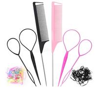 Acooruiteng Topsy - Strumento per capelli a coda di topsy, strumento per tirare attraverso i capelli, strumento per intrecciare i capelli, con pettine a coda di topo e fasce elastiche per capelli, per