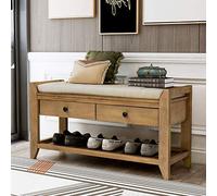 Acosure Panca portaoggetti con seduta imbottita e cassetti, ottomana multiuso in legno, vano nascosto, scarpiera, per camera da letto, corridoio, portico, pino antico, 99 x 35,6 x 50,3 cm (lunghezza x