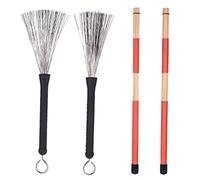 Acouto Coppia Aste Bastoncini + Coppia Spazzole Set Bastoncini con Custodia per Musica Jazz Folk Musica Popolare Ba Spazzoleasta Bastonciniasta Aste Rosse