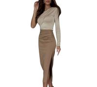 Acouto Top da Donna a Maniche Lunghe Monospalla Slim Fit Elasticizzato T-shirt Basic Metallizzata Asimmetrica Alla Moda Grigia M Elasticizzata Assicura una vestibilità Comoda e Aderente La (S)