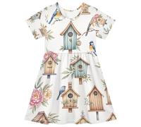 Acquarello Peonie Uccelli Bianco Ragazze Vestito Manica Corta Vestito Bambino Sundress Estate Casual Playwear, Morbido Quick Dry Knit, Acquerello Peonie Uccelli Bianco, 7-8 Anni