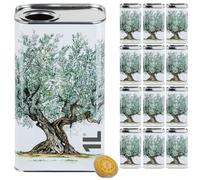 acquaverde | 12 Lattine per Olio di Oliva, Lattina Bianca con Litografia Albero di Ulivo, in Metallo, Contenitore Alimentare, Latta da 1 Litro con Tappo Ermetico e Maniglia