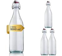 acquaverde | 3 Bottiglie in Vetro Costolata per Acqua, Bevande e Liquori, Design Vintage, Trasparente con Tappo Meccanico - 1 Litro