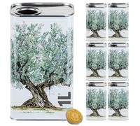 acquaverde | 6 Lattine per Olio di Oliva, Lattina Bianca con Litografia Albero di Ulivo, in Metallo, Contenitore Alimentare, Latta da 1 Litro con Tappo Ermetico e Maniglia