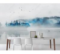 Acquerellato Foresta Blu Laghi Uccelli In Volo 3D Carta Da Parati Facile Installare Mobili Sfondi Ufficio Divano Camera Letto Sfondo Decorazione Murale-150cm×105cm