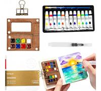 Acquerelli da Viaggio, Mini Kit Acquerelli Portatile, Mini set acquerello con clip per rilegatura, Palette Acquerellabili in Legno con Album da Disegno, Penna e Clip per Pittori, Artisti, Studenti