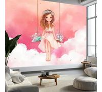 Acquerello Cartoon Ragazza Sull’Altalena Carta Da Parati 3D Fotomurale Murali 400 x 280 cm, Moderna Fotomurali Murales Rosa Poster Decorazione Da Muro Per Soggiorno Divano Tv Hotel A Tema Corridoio