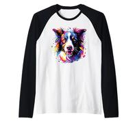 Acquerello Colorful Border Collie Dog Maglia con Maniche Raglan