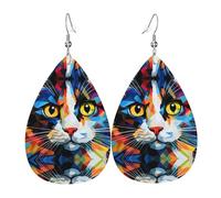 Acquerello di un gatto orecchini in pelle stampata su entrambi i lati int e forma di gocce d'acqua, creativo, leggero e romanzo, colori vivaci e vivaci.