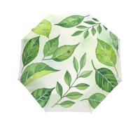Acquerello foglia verde pioggia ombrello, una mano aperta e chiusa | Ombrello pieghevole da uomo, struttura a baldacchino a 8 coste, funzionamento con una sola mano, lunghezza piegata 11