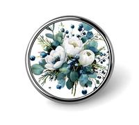 Acquerello Inverno Bouquet Floreale Verde Bacche Blu Spilla Rotonda per Uomo Donna Moda Distintivo Collare Pin Vestito Giacca Zaino Accessori