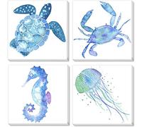 Acquerello Mare Animali Quadri su Tela Parete Arte Mare Tartaruga Cavalluccio Marino Granchio Medusa Blu Oceano Tema Bambino Scuola Materna Ragazzo Camera Parete Decorazioni Senza Cornice 30×30cm×4