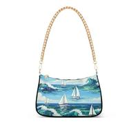 Acquerello Onde Barche a vela Mare Sera Frizione Borsa Delle Donne Frizione Borsa A Tracolla Colorata Colorata Chiusura Cerniera