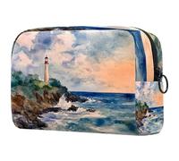 Acquerello Paesaggio marino con un faro piccola borsa per il trucco per le donne borsa cosmetica con cerniera accessori di bellezza borsa organizer, Multicolore 01, 18.5x7.5x13cm/7.3x3x5.1in